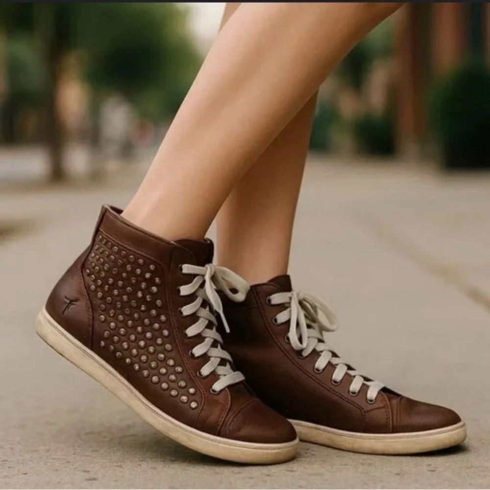 Rare Women's Frye Brown Leather Studded High Top Sneakers Size 7.5 EUC